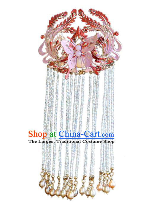 Traditional Chinese Handmade Pearls Tassel Pink Butterfly Hair Comb Headdress Ancient Hanfu Hair Accessories for Women