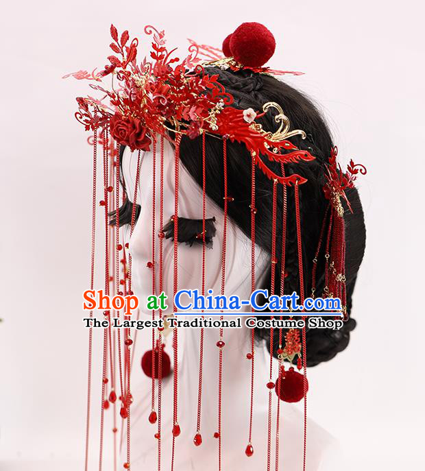 Traditional Chinese Wedding Red Phoenix Coronet Hairpins Headdress Ancient Bride Hair Accessories for Women