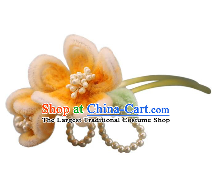 Traditional Chinese Handmade Orange Velvet Plum Hairpin Headdress Ancient Hanfu Hair Accessories for Women