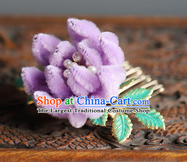 Traditional Chinese Handmade Lilac Velvet Chrysanthemum Hair Comb Headdress Ancient Hanfu Hair Accessories for Women