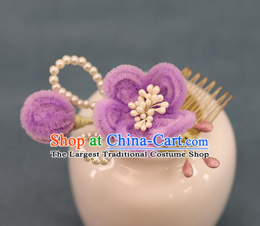 Traditional Chinese Handmade Lilac Velvet Plum Hair Comb Headdress Ancient Hanfu Hair Accessories for Women