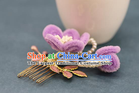 Traditional Chinese Handmade Lilac Velvet Plum Hair Comb Headdress Ancient Hanfu Hair Accessories for Women