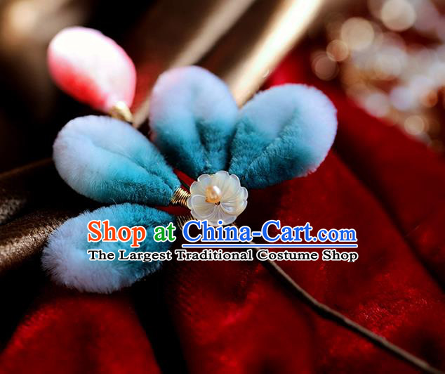 Traditional Chinese Handmade Blue Velvet Flower Hairpin Headdress Ancient Hanfu Hair Accessories for Women
