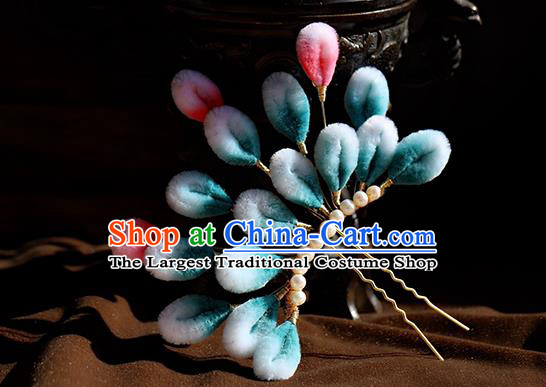 Traditional Chinese Handmade Blue Velvet Flowers Hairpin Headdress Ancient Hanfu Hair Accessories for Women