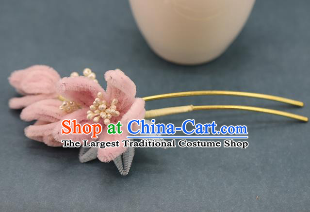 Traditional Chinese Handmade Pink Velvet Plum Hairpin Headdress Ancient Hanfu Hair Accessories for Women