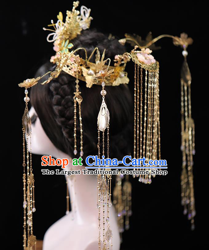 Traditional Chinese Wedding Golden Phoenix Coronet Hairpins Headdress Ancient Queen Hair Accessories for Women