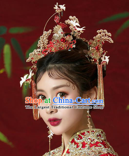 Traditional Chinese Wedding Cloisonne Red Hair Crown Tassel Hairpins Headdress Ancient Bride Hair Accessories for Women