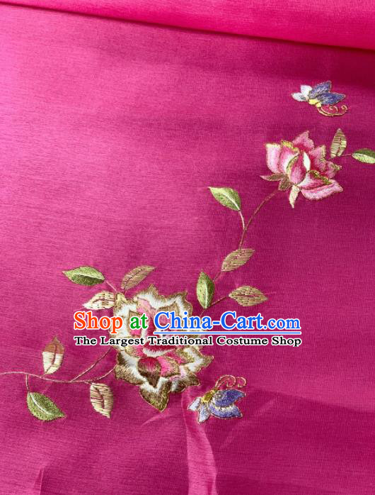 Asian Chinese Traditional Embroidered Flowers Pattern Design Rosy Silk Fabric Hanfu Material
