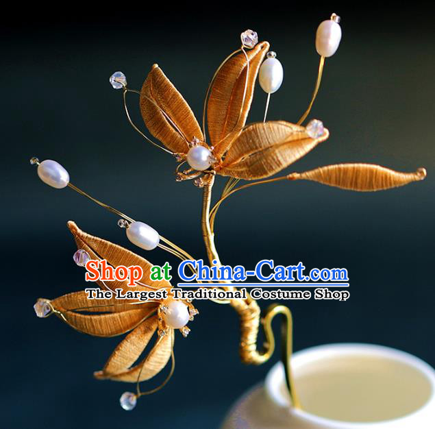 Traditional Chinese Handmade Golden Leaf Hairpin Headdress Ancient Hanfu Hair Accessories for Women
