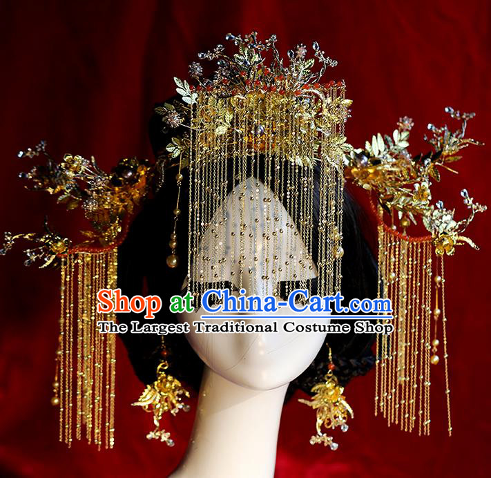 Traditional Chinese Golden Phoenix Coronet Tassel Hairpins Headdress Ancient Bride Hair Accessories for Women