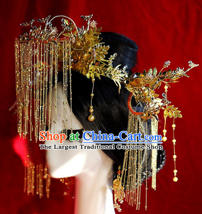 Traditional Chinese Golden Phoenix Coronet Tassel Hairpins Headdress Ancient Bride Hair Accessories for Women