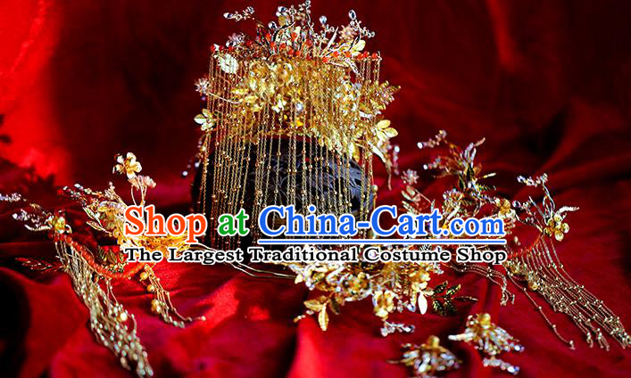 Traditional Chinese Golden Phoenix Coronet Tassel Hairpins Headdress Ancient Bride Hair Accessories for Women