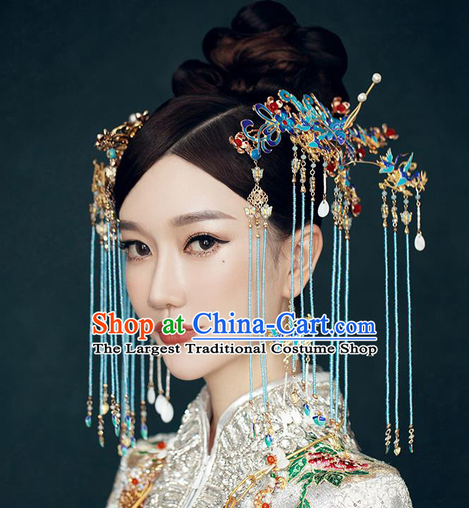 Traditional Chinese Wedding Cloisonne Tassel Hairpins Headdress Ancient Bride Hair Accessories for Women