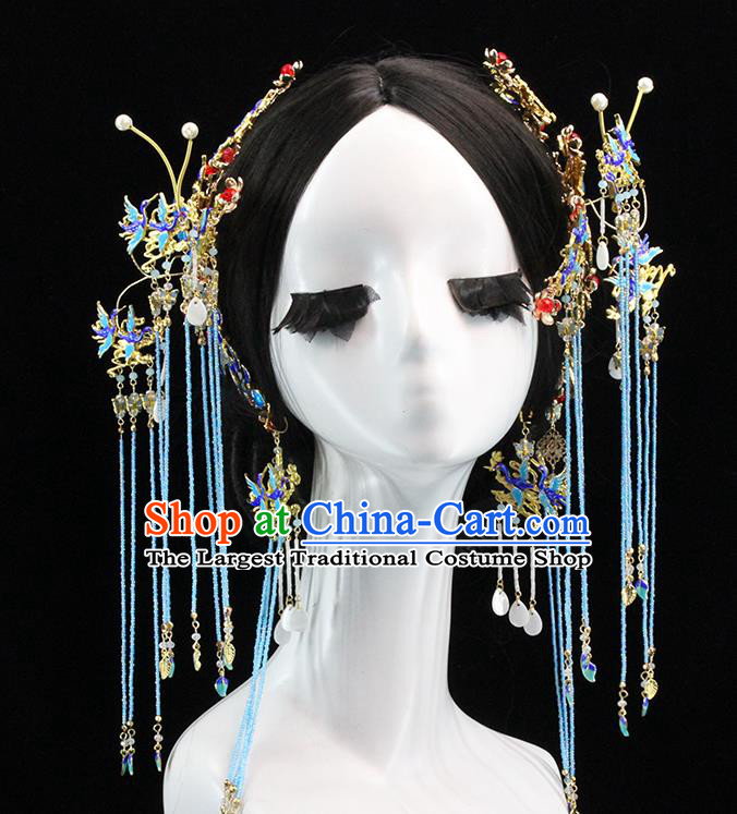 Traditional Chinese Wedding Cloisonne Tassel Hairpins Headdress Ancient Bride Hair Accessories for Women