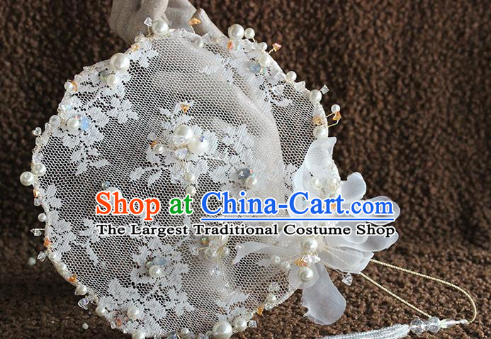 Traditional Chinese Handmade White Lace Round Fans Ancient Hanfu Wedding Palace Fan for Women