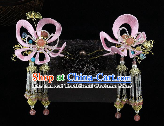 Traditional Chinese Handmade Pink Flower Tassel Hairpin Headdress Ancient Hanfu Hair Accessories for Women