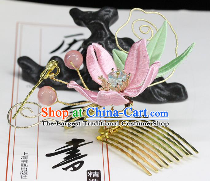 Traditional Chinese Handmade Pink Flower Dragon Hair Comb Headdress Ancient Hanfu Hair Accessories for Women