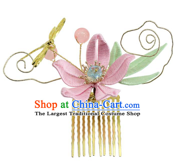 Traditional Chinese Handmade Pink Flower Dragon Hair Comb Headdress Ancient Hanfu Hair Accessories for Women