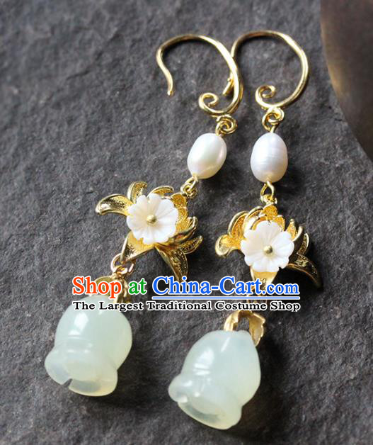 Traditional Chinese Handmade Jade Magnolia Earrings Ancient Hanfu Ear Accessories for Women