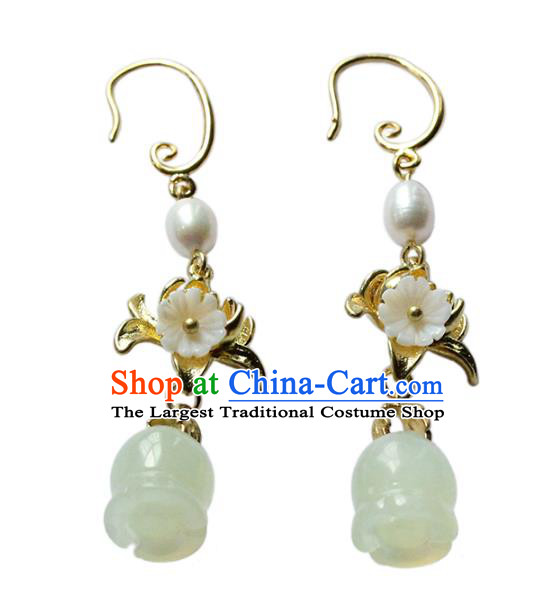 Traditional Chinese Handmade Jade Magnolia Earrings Ancient Hanfu Ear Accessories for Women