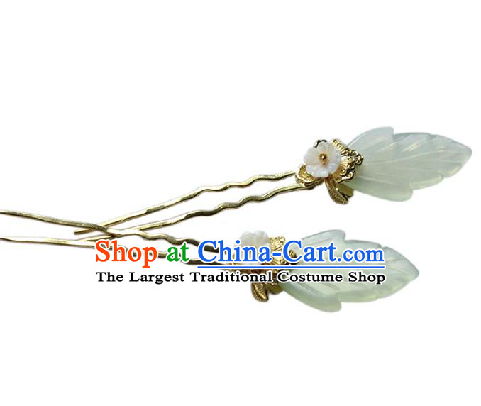 Traditional Chinese Handmade Jade Leaf Hairpin Headdress Ancient Hanfu Hair Accessories for Women