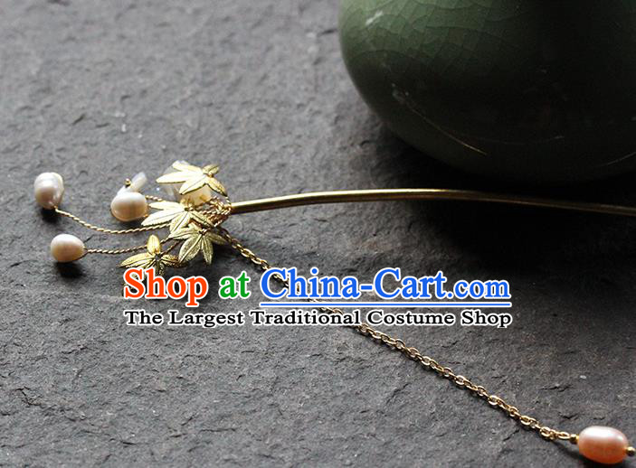 Traditional Chinese Handmade Golden Maple Leaf Hairpin Headdress Ancient Hanfu Hair Accessories for Women