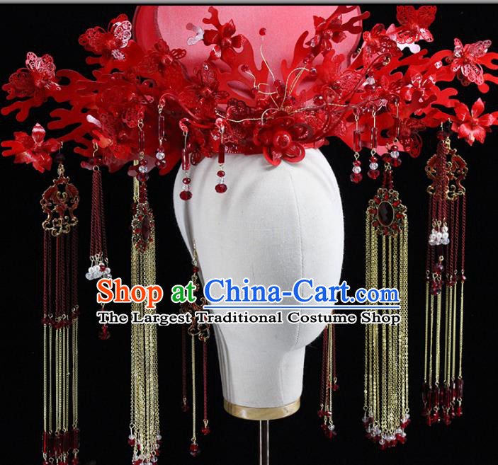 Traditional Chinese Wedding Red Phoenix Coronet Tassel Hairpins Headdress Ancient Bride Hair Accessories for Women
