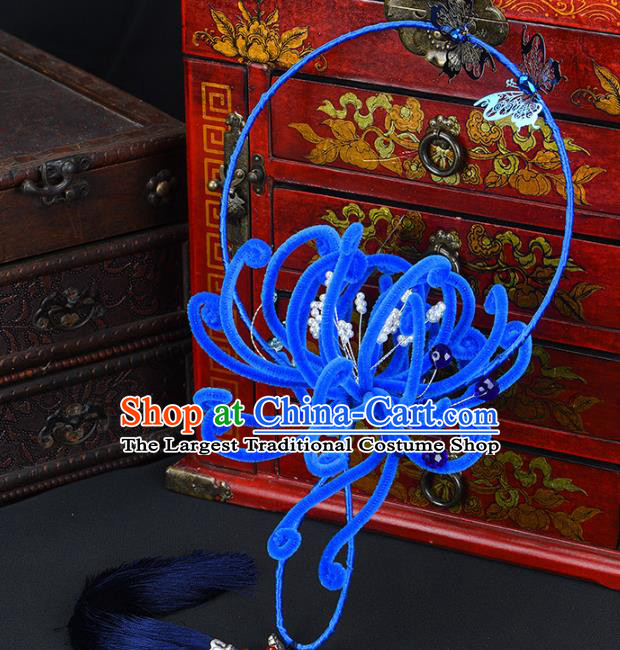 Traditional Chinese Handmade Blue Velvet Chrysanthemum Round Fans Ancient Hanfu Wedding Palace Fan for Women
