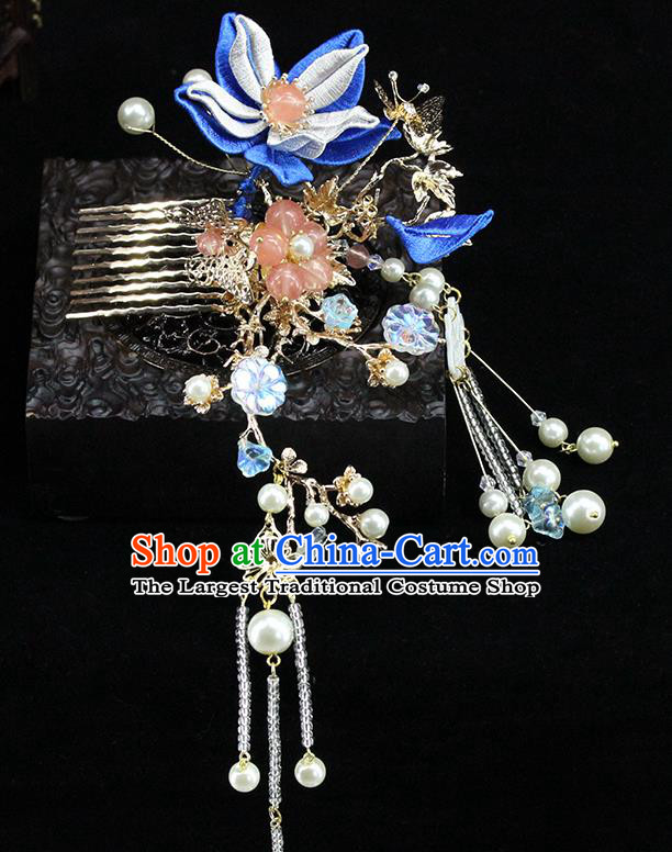Traditional Chinese Handmade Blue Flowers Tassel Hair Comb Headdress Ancient Hanfu Hair Accessories for Women