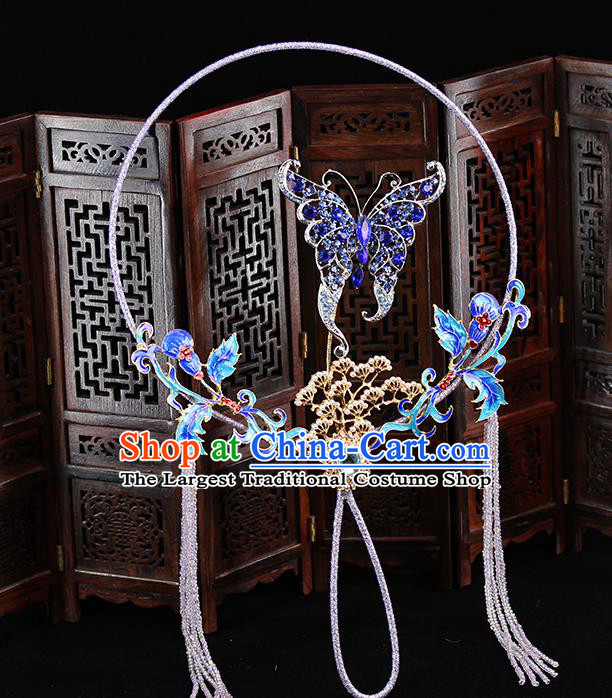 Traditional Chinese Handmade Blue Crystal Butterfly Round Fans Ancient Hanfu Wedding Palace Fan for Women
