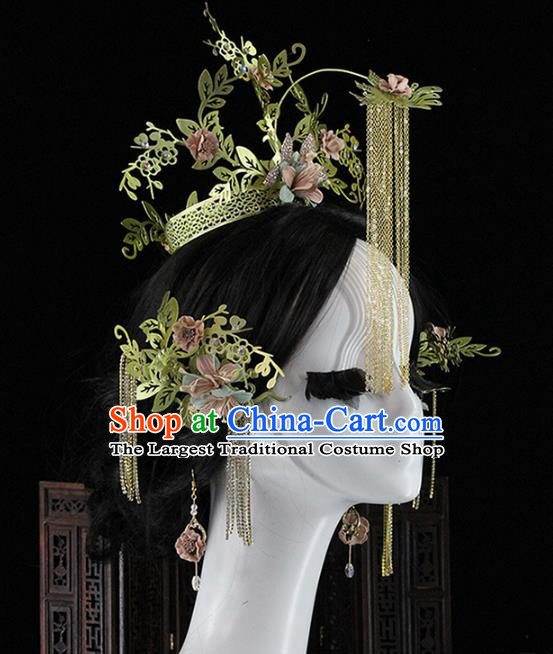 Traditional Chinese Pink Flowers Phoenix Coronet Tassel Hairpins Headdress Ancient Wedding Hair Accessories for Women