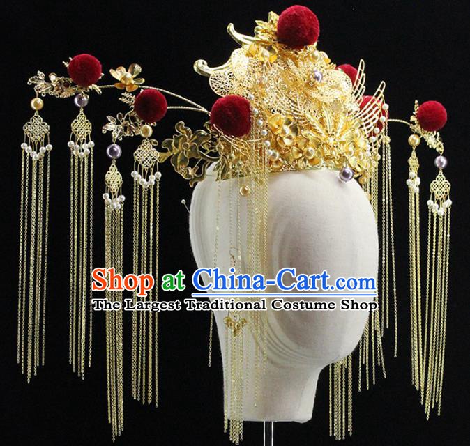 Traditional Chinese Golden Butterfly Phoenix Coronet Hairpins Headdress Ancient Wedding Hair Accessories for Women