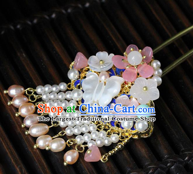 Traditional Chinese Handmade Shell Butterfly Pearls Hairpins Headdress Ancient Hanfu Hair Accessories for Women