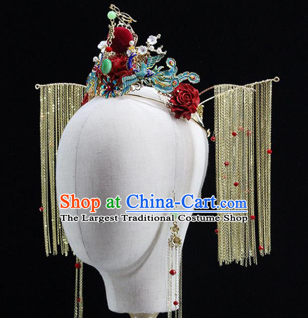 Traditional Chinese Red Jade Phoenix Coronet Hairpins Headdress Ancient Wedding Hair Accessories for Women