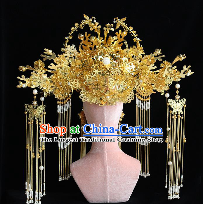 Traditional Chinese Deluxe Golden Phoenix Coronet Hairpins Headdress Ancient Wedding Hair Accessories for Women