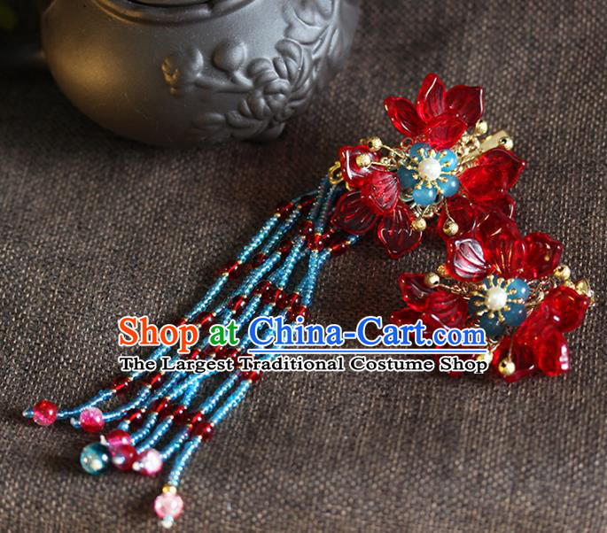 Traditional Chinese Handmade Red Flowers Hair Claws Headdress Ancient Hanfu Hair Accessories for Women