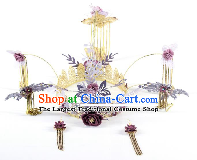 Traditional Chinese Wedding Purple Flowers Hair Crown Hairpins Headdress Ancient Hair Accessories for Women