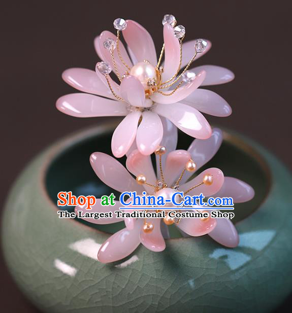 Traditional Chinese Handmade Pink Glass Flower Hairpin Headdress Ancient Hanfu Hair Accessories for Women