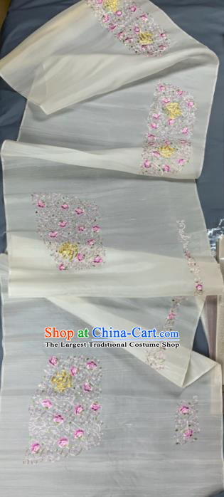 Asian Chinese Traditional Embroidered Peony Pattern Design White Silk Fabric Hanfu Material