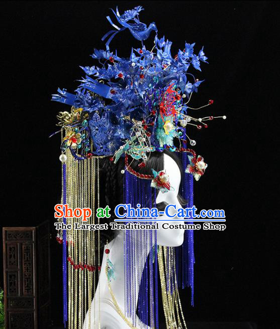 Traditional Chinese Wedding Blue Phoenix Coronet Hairpin Headdress Ancient Queen Hair Accessories for Women