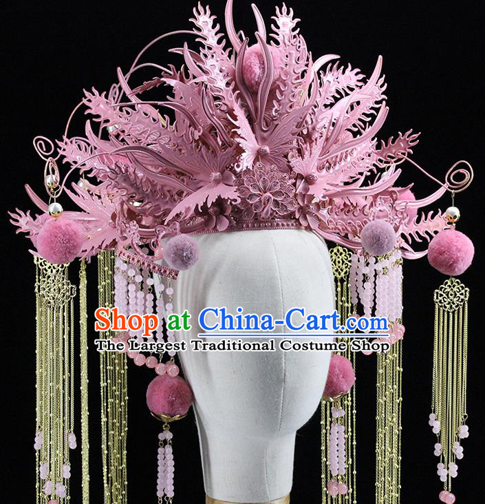 Traditional Chinese Wedding Pink Phoenix Coronet Headdress Ancient Bride Hair Accessories for Women