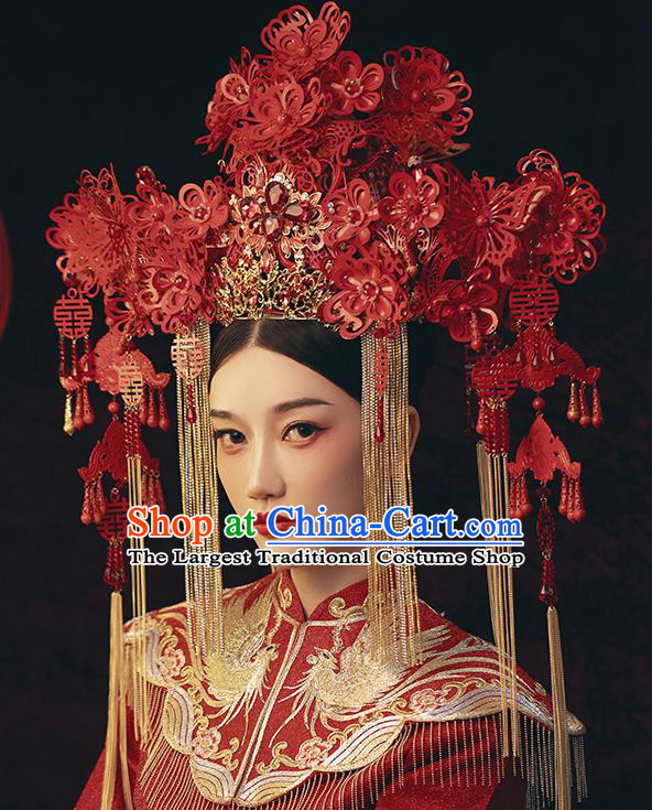 Traditional Chinese Wedding Red Flowers Phoenix Coronet Headdress Ancient Bride Hair Accessories for Women