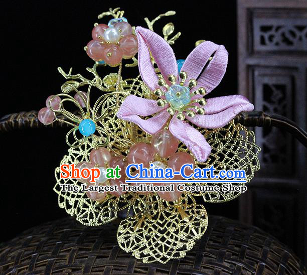 Traditional Chinese Wedding Hair Crown Pink Flower Hairpins Headdress Ancient Bride Hair Accessories for Women