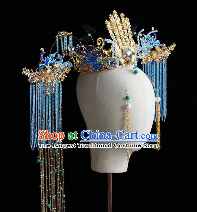 Traditional Chinese Bride Blue Tassel Phoenix Coronet Headdress Ancient Wedding Hair Accessories for Women