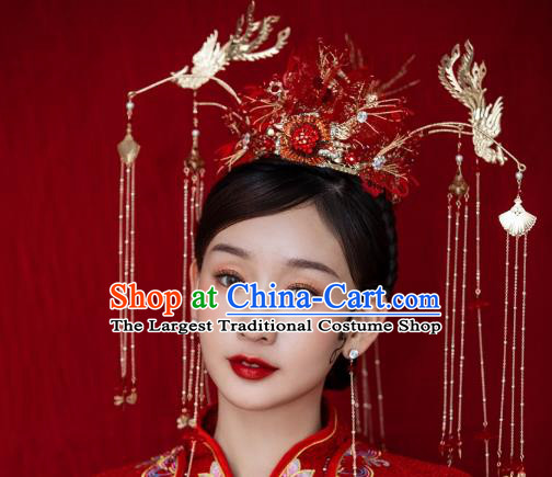 Traditional Chinese Bride Red Butterfly Phoenix Coronet Headdress Ancient Wedding Hair Accessories for Women