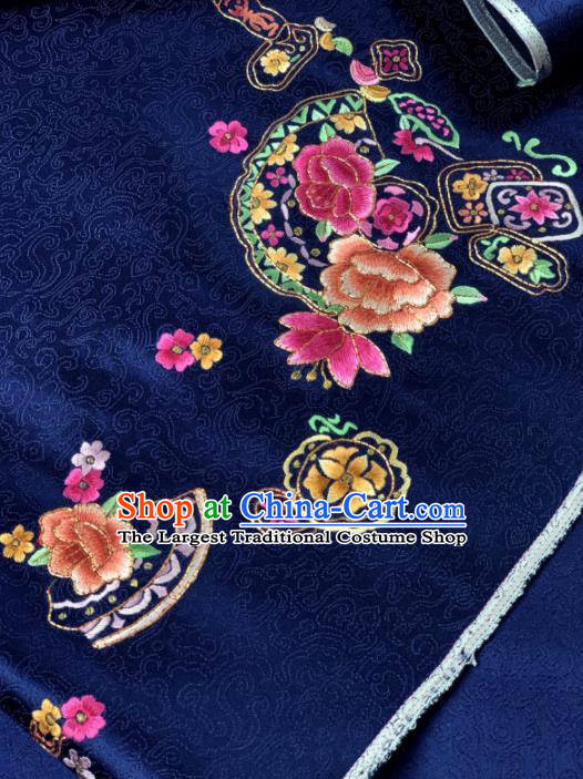 Chinese Traditional Classical Embroidered Peony Pattern Design Deep Blue Silk Fabric Asian Hanfu Material