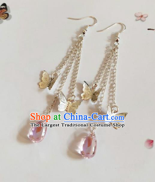 Traditional Chinese Handmade Pink Water Drop Butterfly Earrings Ancient Hanfu Ear Accessories for Women