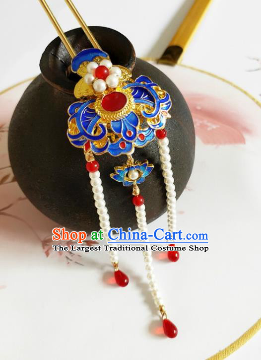 Traditional Chinese Pearls Tassel Cloisonne Hairpin Headdress Ancient Court Hair Accessories for Women