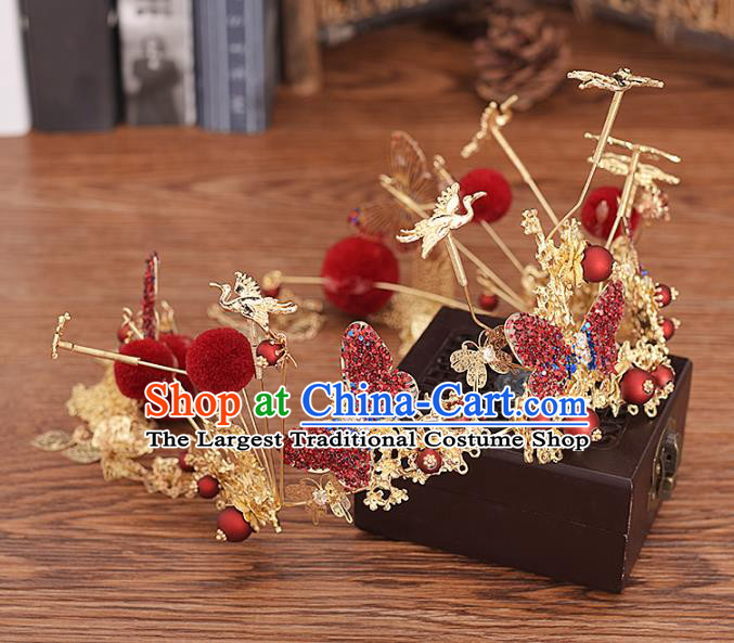 Traditional Chinese Bride Red Butterfly Hair Crown Headdress Ancient Wedding Hair Accessories for Women