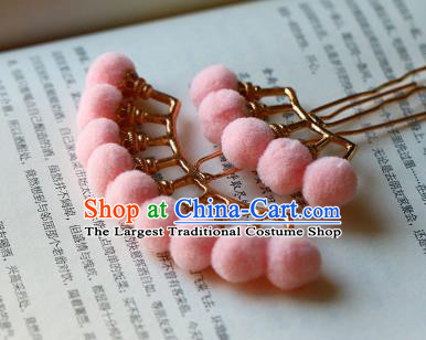 Traditional Chinese Ming Dynasty Pink Pompon Hairpins Headdress Ancient Court Hair Accessories for Women